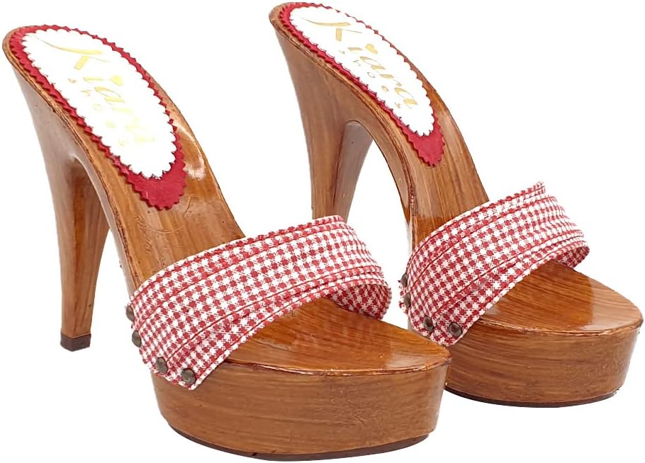 Clogs im Pin-up-Stil mit rot kariertem Band Absatz 13 cm - Made in Italy - K9101 PIN UP (42 EU, ROT)