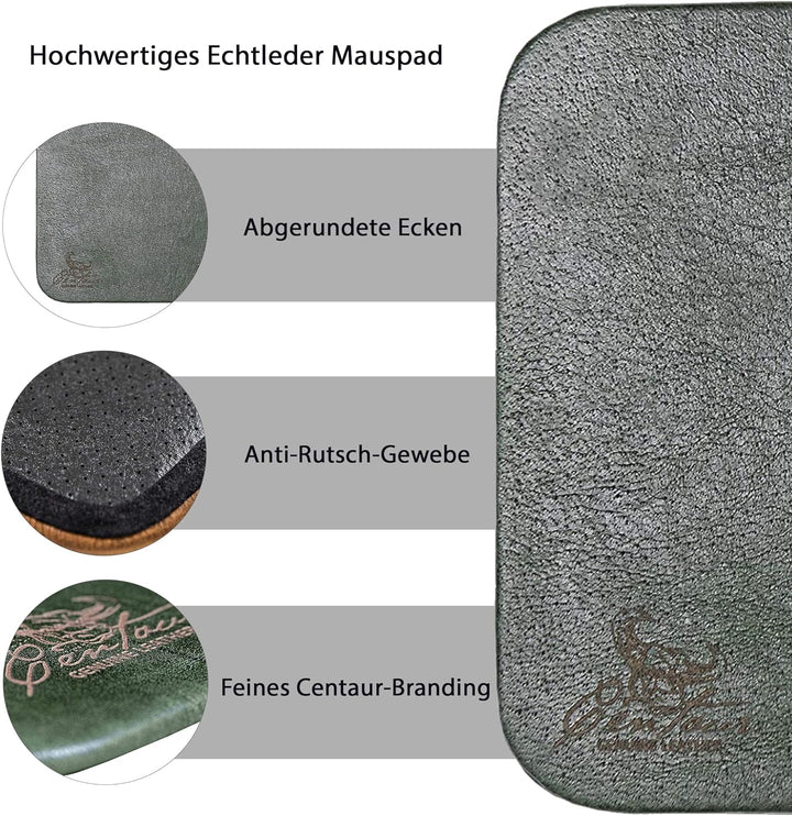 Centaur - Hochwertiges Leder Mousepad 25x18 cm smaragdgrün - Vintage Mauspad aus echtem Leder - Unte
