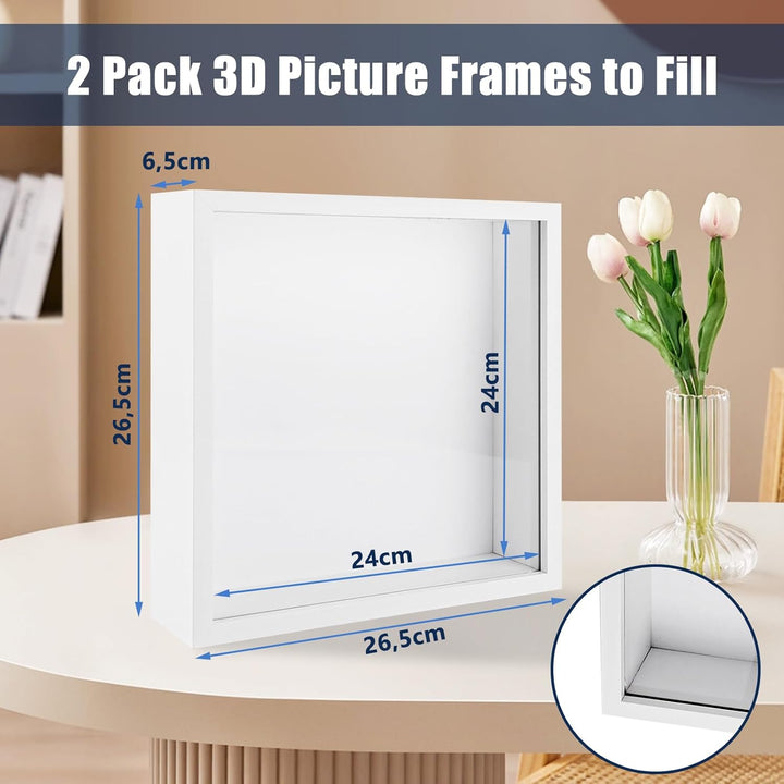 2 Stück Tiefer Bilderrahmen zum Befüllen 25x25cm, 3D Objektrahmen Weiss 5cm Innenabstand, Moderner F