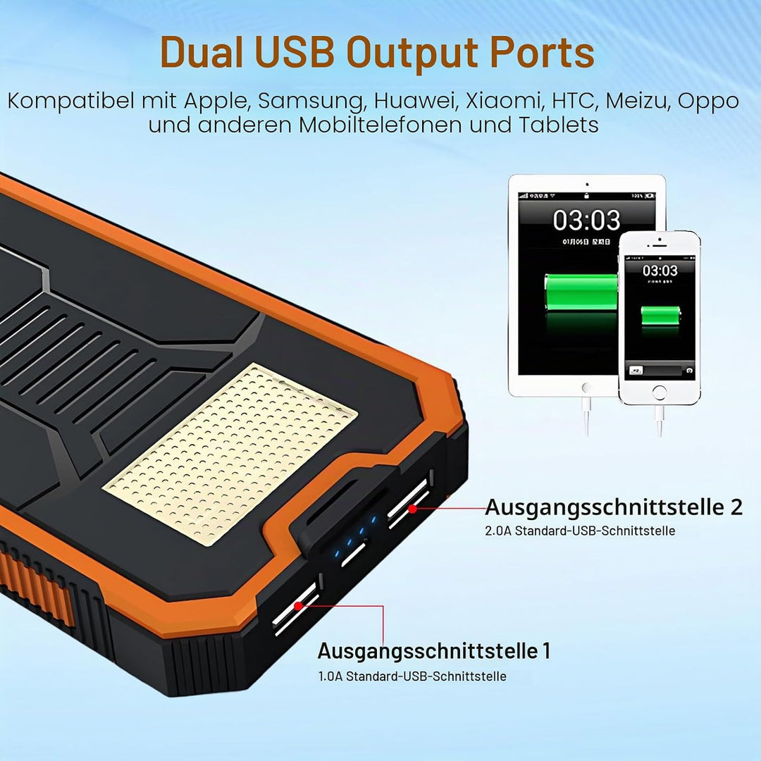 Ruiqas 20.000 mAh Solar-Powerbank, tragbares Camping-Solar-Ladegerät, Akku mit Zwei USB-Anschlüssen