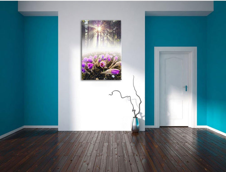 Pixxprint blühende lila Blumen im Wald, Format: 100x70 auf Leinwand, 100x70
