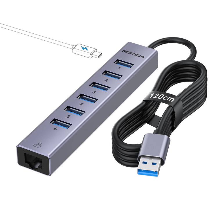 8Port USB Hub 3.0 mit 120cm Kabel, USB zu Netzwerk-Hub mit 6 3.0 Ports und 1000Mbps LAN Adapter, 5V/