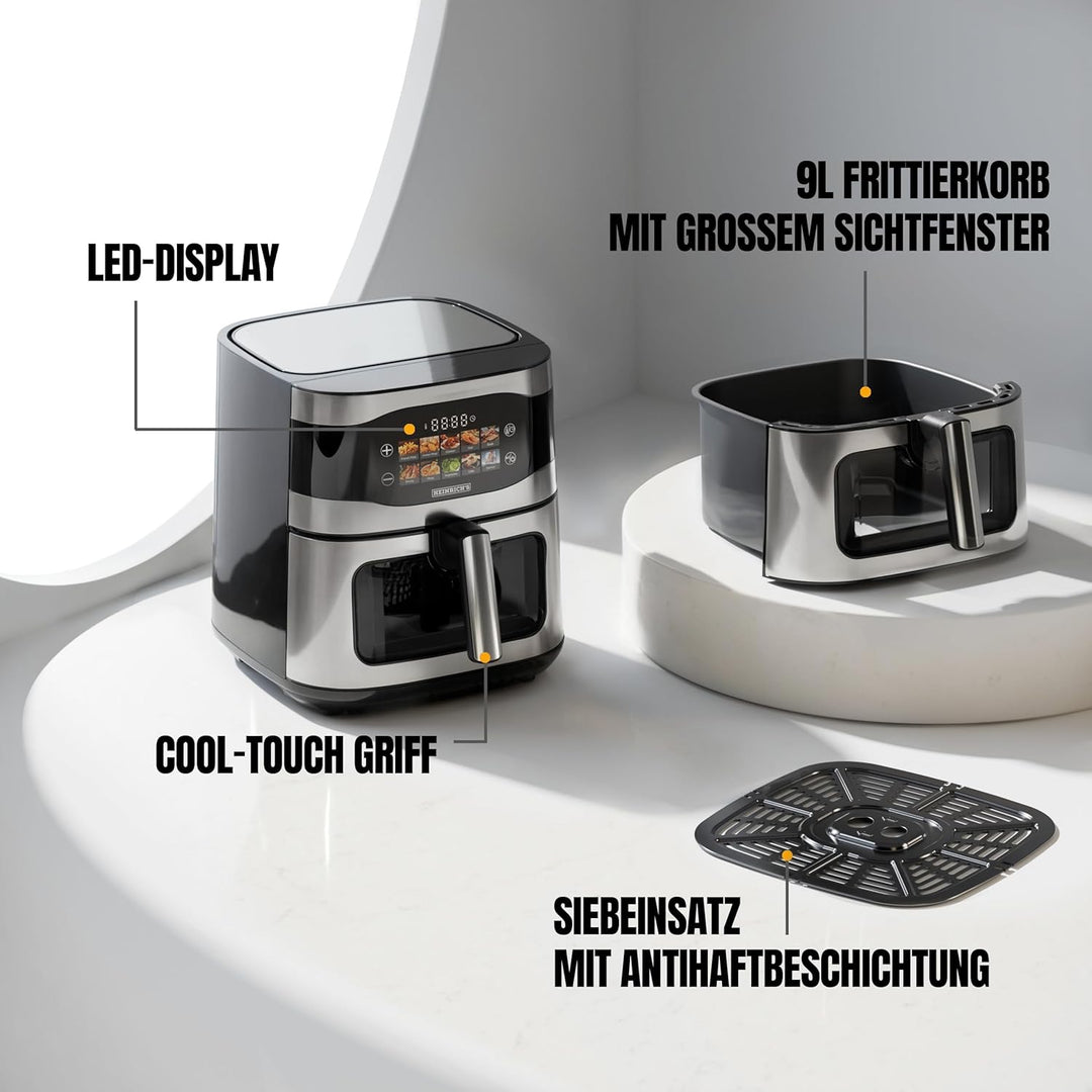 HEINRICHS Heissluftfritteuse, 9 Liter XXL Air Fryer, 10in1 Heissluftfritteuse, LED-Display mit Senso
