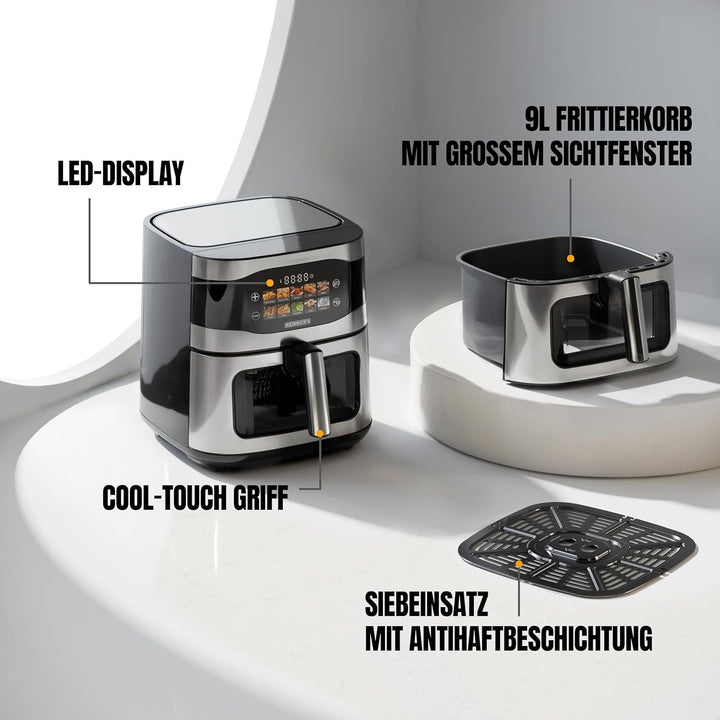 HEINRICHS Heissluftfritteuse, 9 Liter XXL Air Fryer, 10in1 Heissluftfritteuse, LED-Display mit Senso