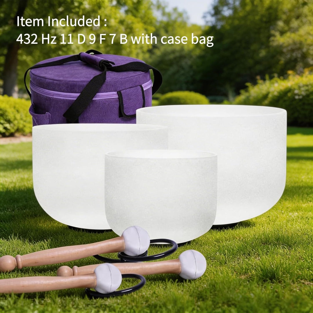 Energysound Perfect Pitch Chakra Singing Bowls 432Hz 11" D 9" F 7" B Frosted Quartz Crystal Singing