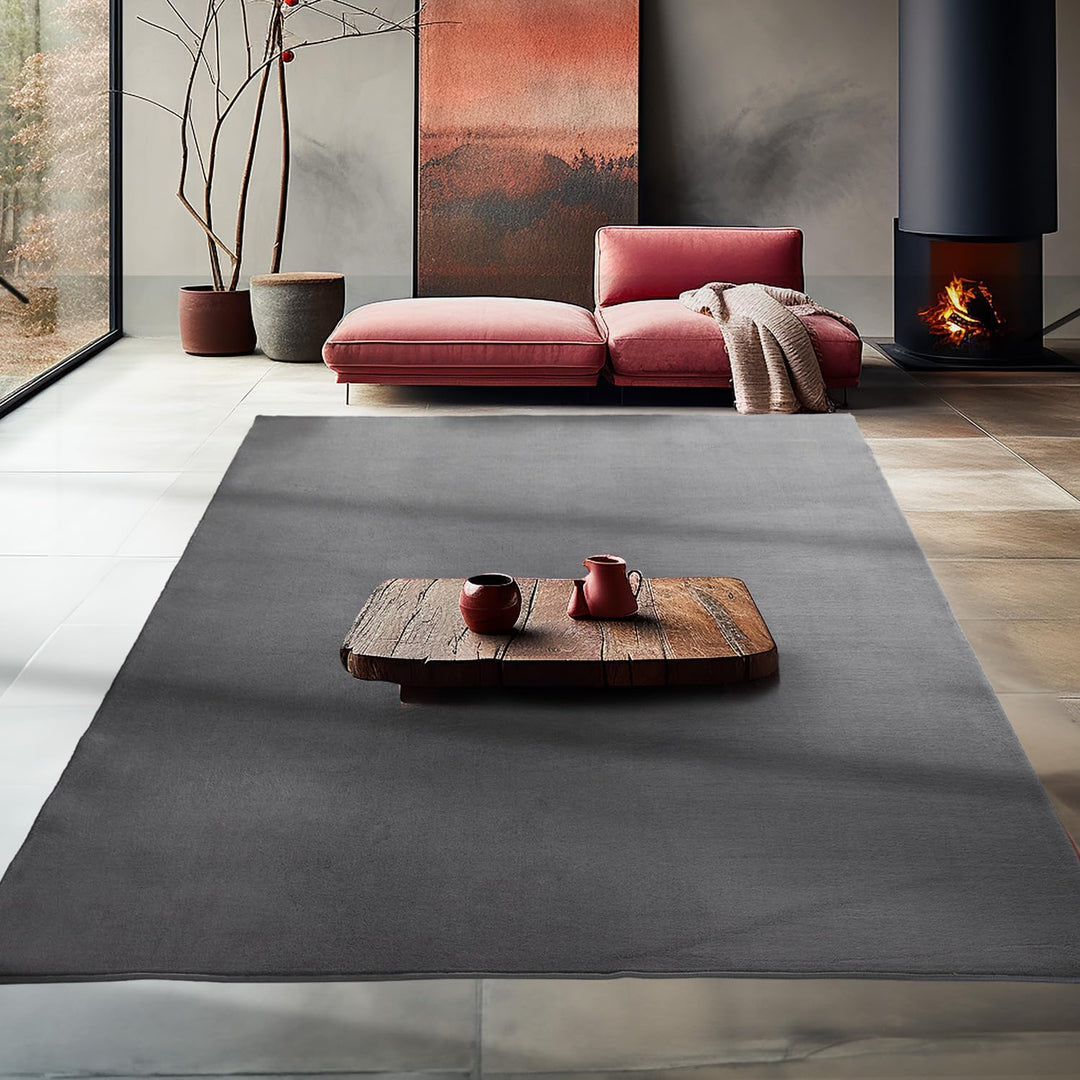Waschbarer Teppich Wohnzimmer, Kurzflor rutschfest Flauschig Weich, Einfarbig Grau, Felloptik, Super