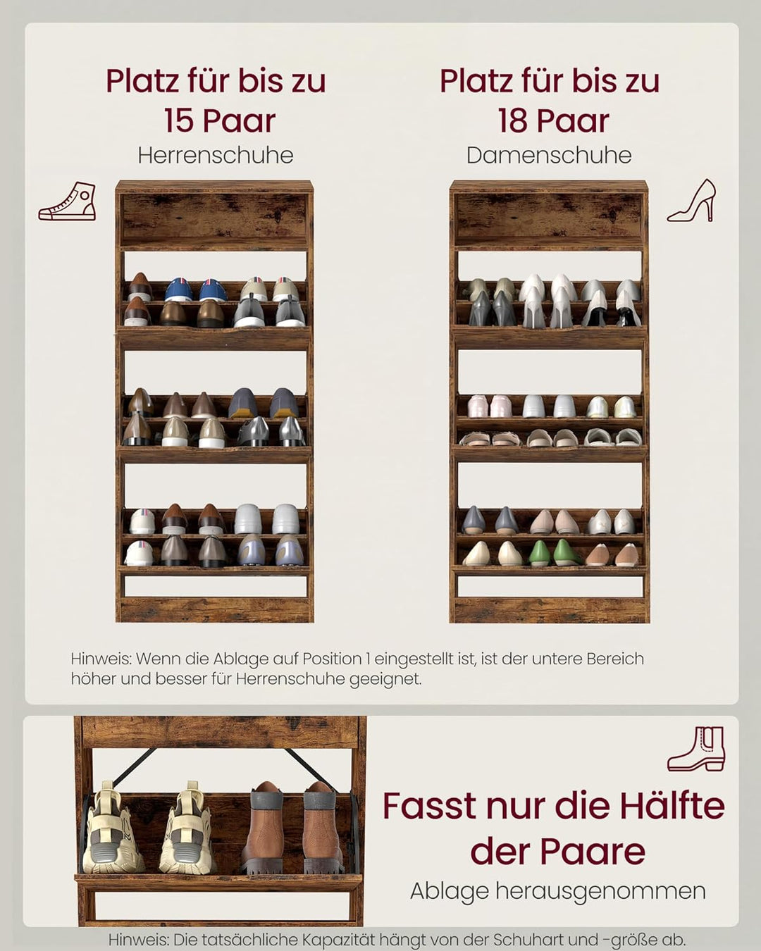 VASAGLE Schuhschrank 3 Klappen, Schuhkipper, Schuhregal, Schuhaufbewahrung, offenes Fach, Trennwand