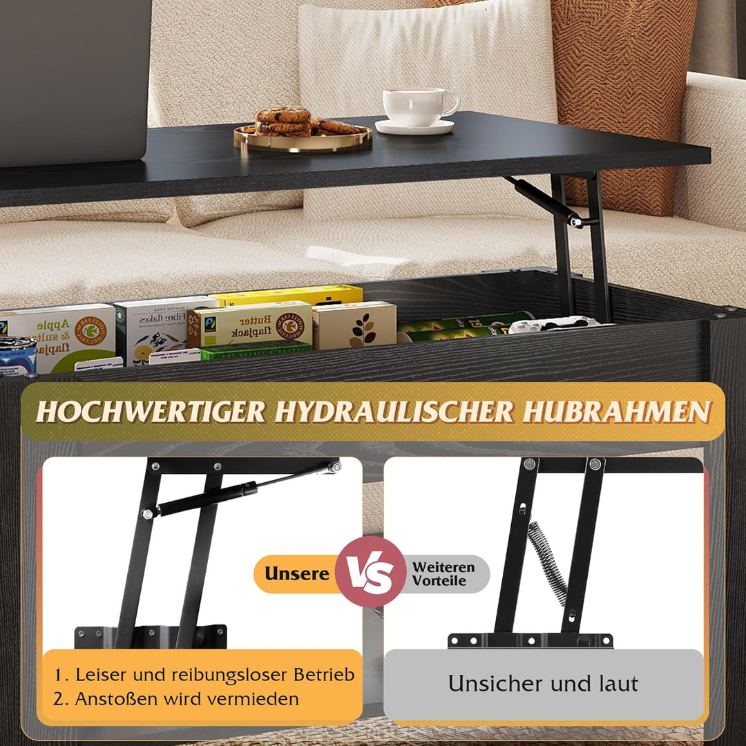 WLIVE Couchtisch mit Stauraum, Wohnzimmertisch Höhenverstellbar mit Verstecktem Staufach und Ablagef