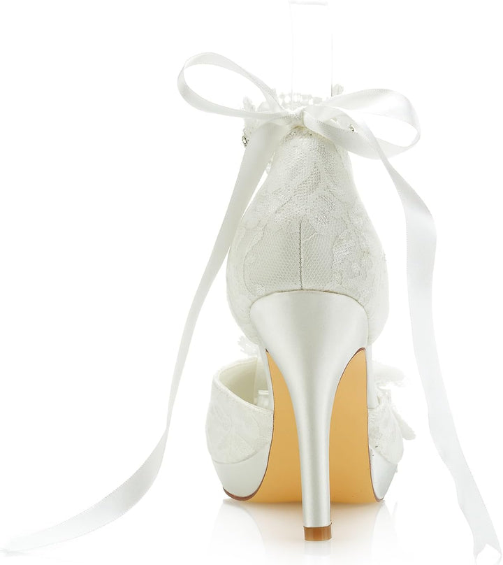 JIAJIA 3703L Damen Brautschuhe Closed Toe 8cm Stöckelabsatz Spitze Satin Plateau Pumps Satin Blumenb