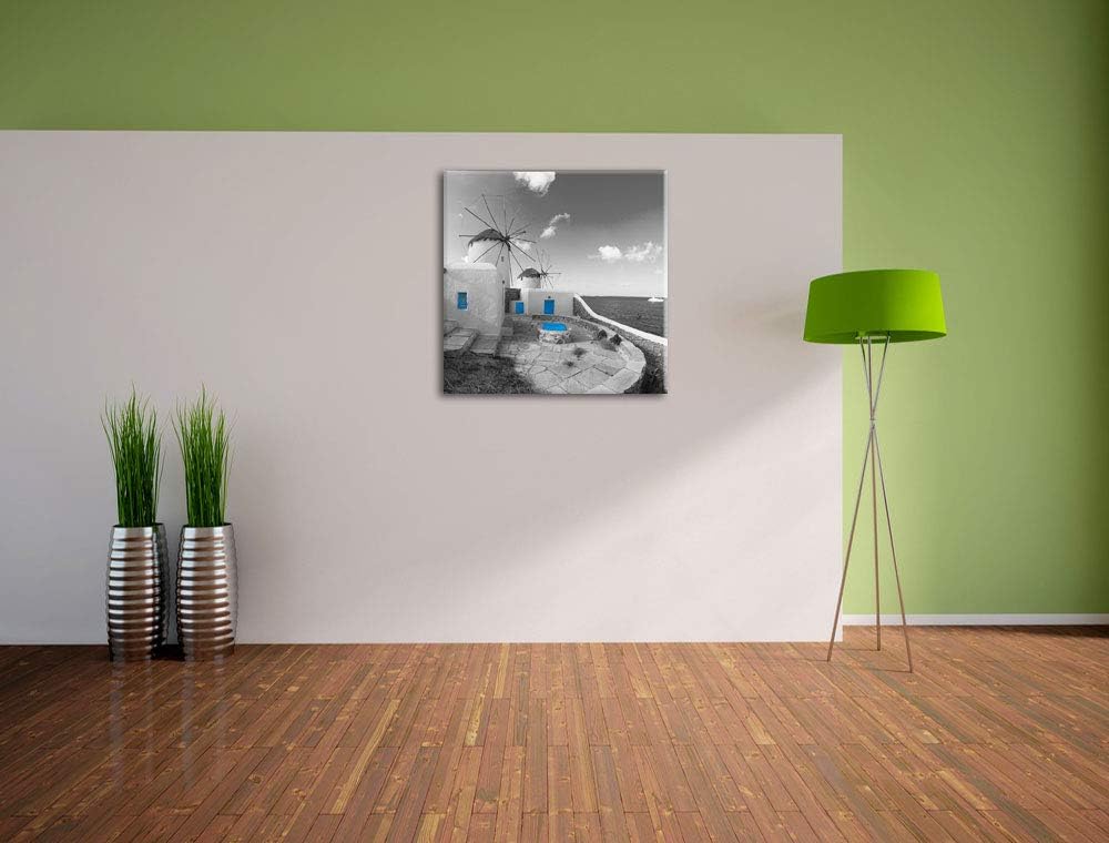 Pixxprint süsse Windmühlen im Mittelmeer schwarz/weiss, Format: 70x70 auf Leinwand, 70x70