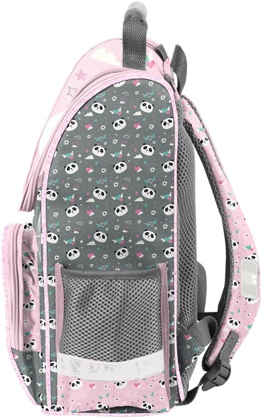 Familando - Schulranzen Set - 8-teilig mit Federmappe - Panda Bär - Ergonomisch, stabil & mit gepols
