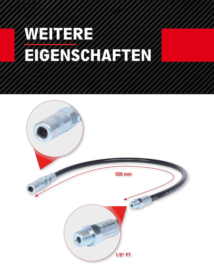 KS Tools Fettpresse Schlauch 500mm flexibel 980.1012 I Flexibler Schlauch 1/8"PT aus Gummi I Inkl. V