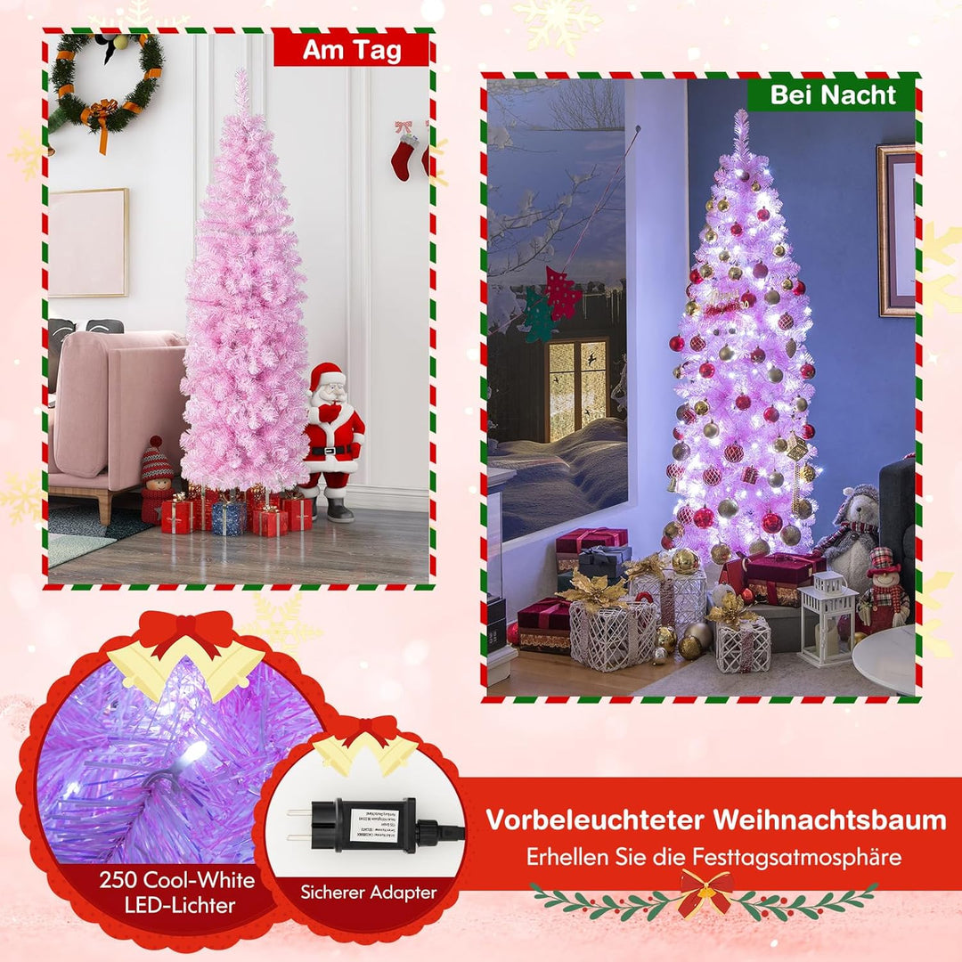 COSTWAY 180cm Künstlicher Weihnachtsbaum Bleistift, LED beleuchteter Tannenbaum mit 250 kaltweissen