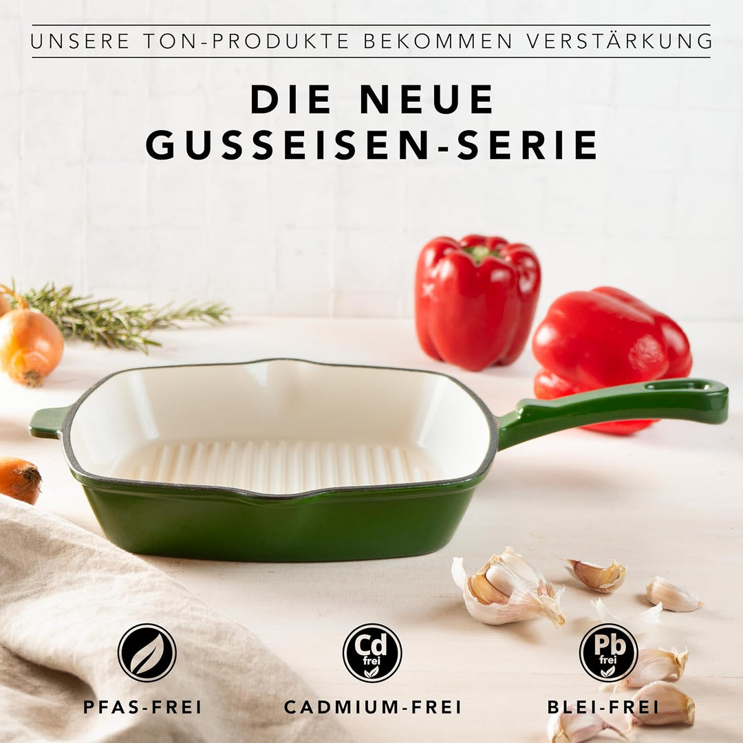 Römertopf Gusseisen Grillpfanne eckig 24 cm – Steakpfanne Emaille-Beschichtung, alle Herdarten inkl.