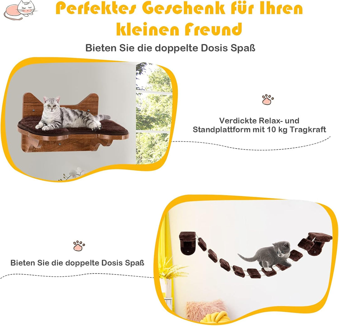 COSTWAY Kletterwand Katzen, 2 in 1 Katzenbrücke und Katzenliege, Katzenhängematte Wand Set, Hängebrü