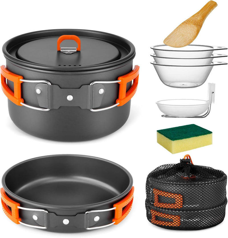 Odoland Camping Kochgeschirr Set, 9-Teilig Outdoor Geschirr Set mit Camping Topf, Camping Bratpfanne