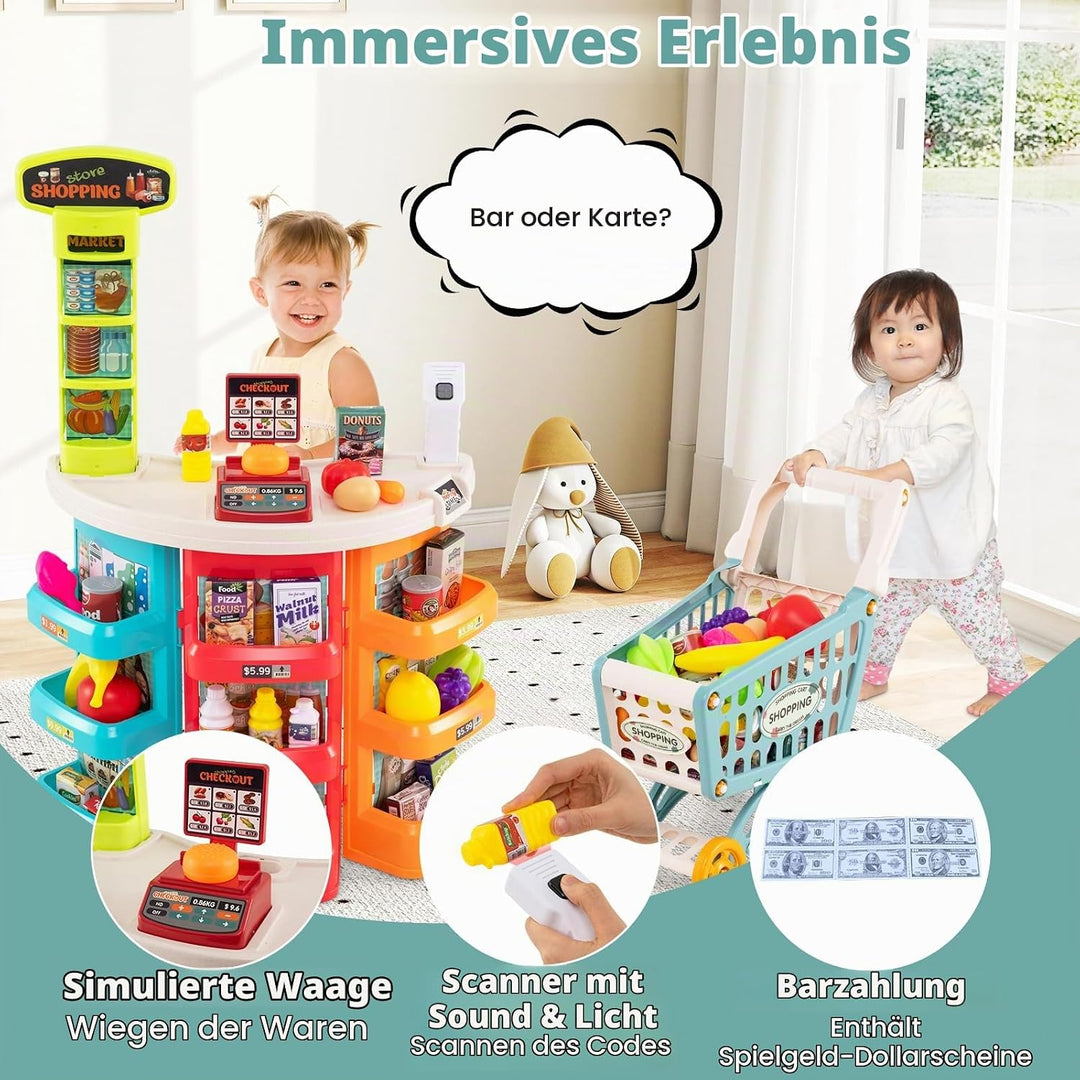 HOMASIS Supermarkt mit Einkaufswagen &amp; 29 Zubehör, Kaufladen mit Licht &amp; Sound, Kaufmannsladen mit K