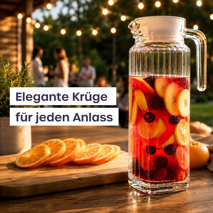 Kühlschrankkrug 1L Glas Wasserkrug mit Deckel (2er Pack) – Glaskrug Geriffeltem Glasdesign & Griff f