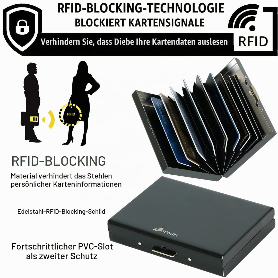 BONSYL® RFID Slim Kreditkartenetui aus Metall für Damen und Herren, Kreditkartenetui mit 10 Kartenfä
