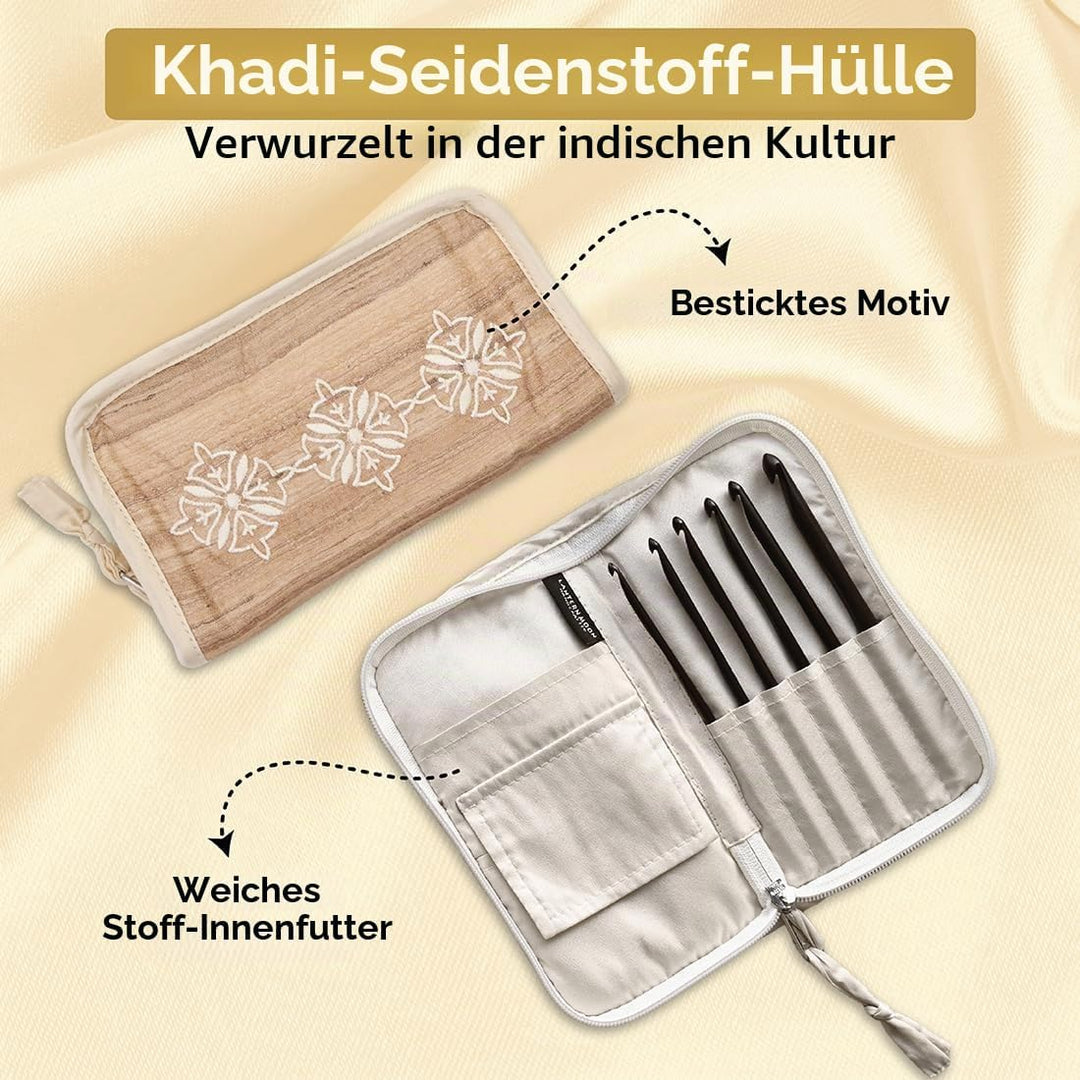 Lantern Moon Häkelnadeln - 6 x 15cm Haken Set - 2 x Kordeln 35 und 56cm - Khadi Seide Etui mit Reiss