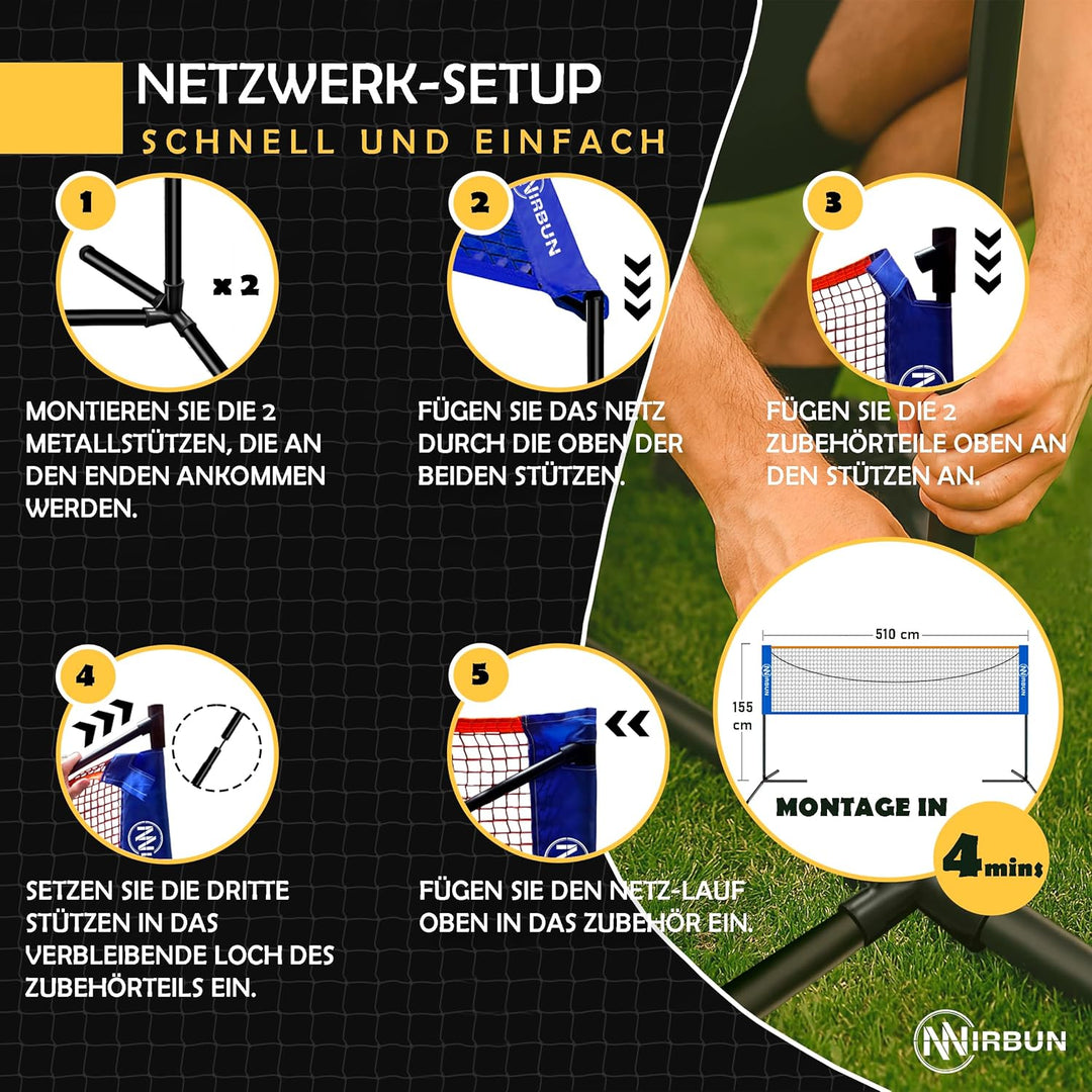 Badminton-Set für 4 Spieler mit Netz | Professionelle Schläger + 3 Federbälle + Tragetasche | Robust