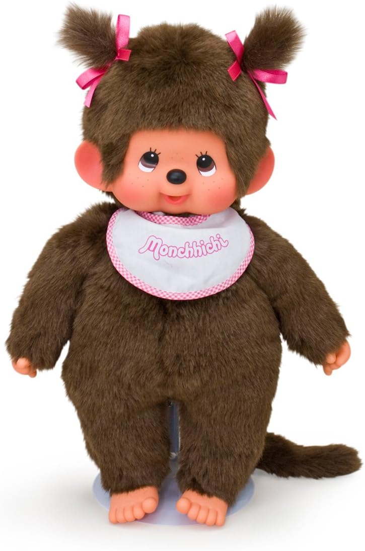 Sekiguchi 255530 - Original Monchhichi Mädchen, Plüschfigur mit weiss-pinkem Latz und Zöpfen mit Sch