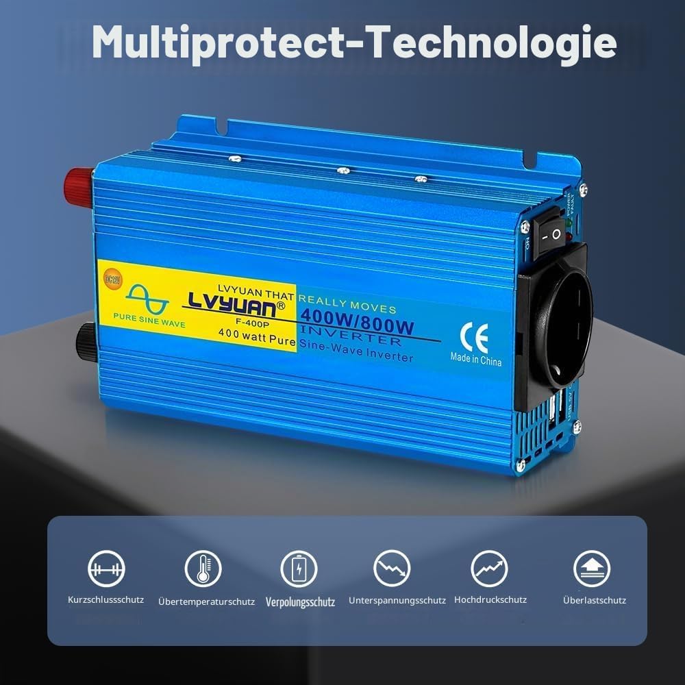 LVYUAN 400W/800W Reiner Sinus-Wechselrichter DC 12V auf 230V AC Spannungswandler mit 1 EU AC Steckdo