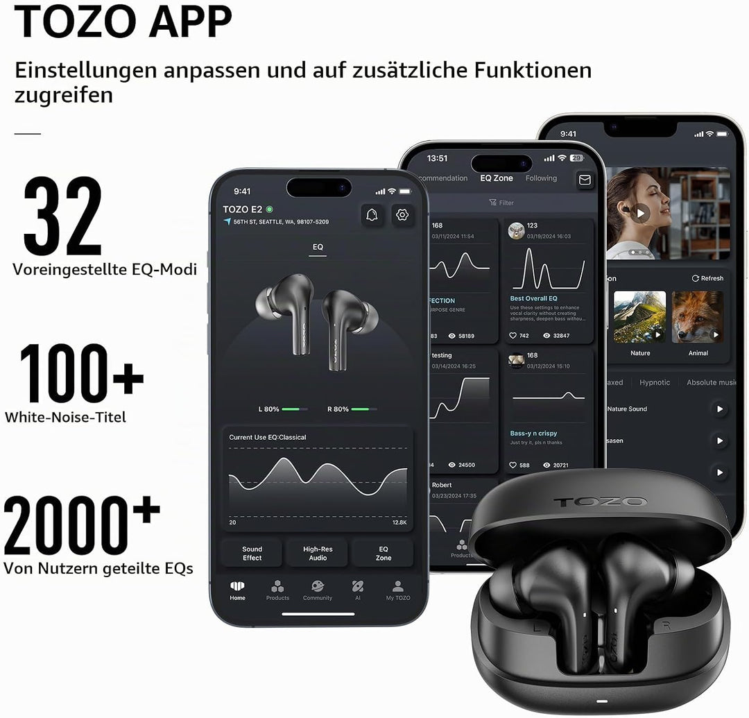 TOZO E2 Kopfhörer kabellos Bluetooth, 5.3 Bluetooth Kopfhörer, In Ear Kopfhörer mit APP Steuerung, 3