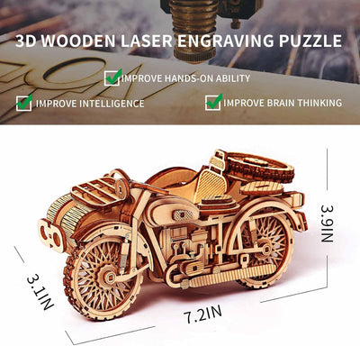 Motorrad mit Beiwagen 3D-Puzzles – Motorrad Dreirad Holzmodellbausätze für Erwachsene zum Bauen – Re