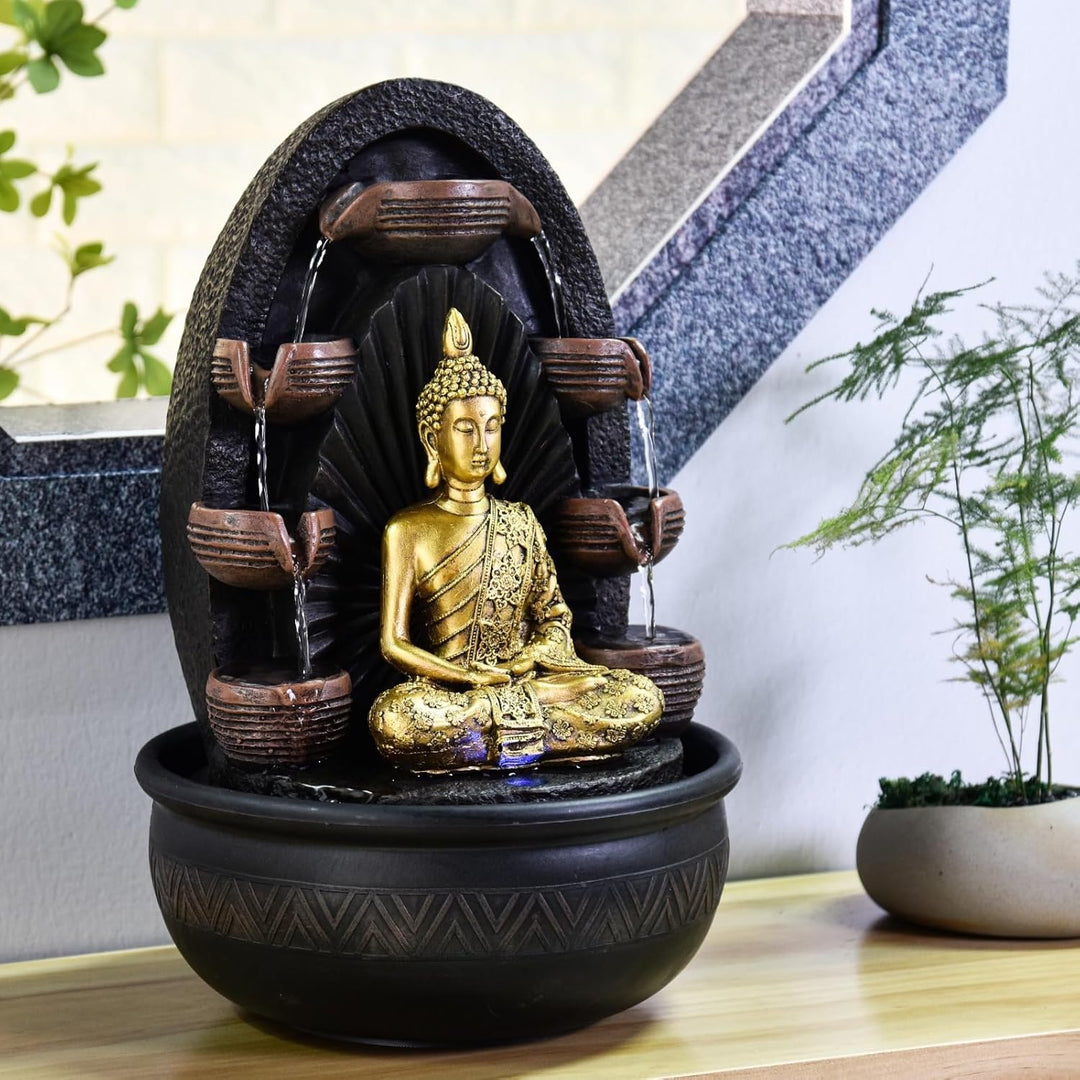 Innenbrunnen Wasserwand Kaskade Buddha Statue Abnehmbares farbenfrohes LED-Licht, Lucky Fountain mit