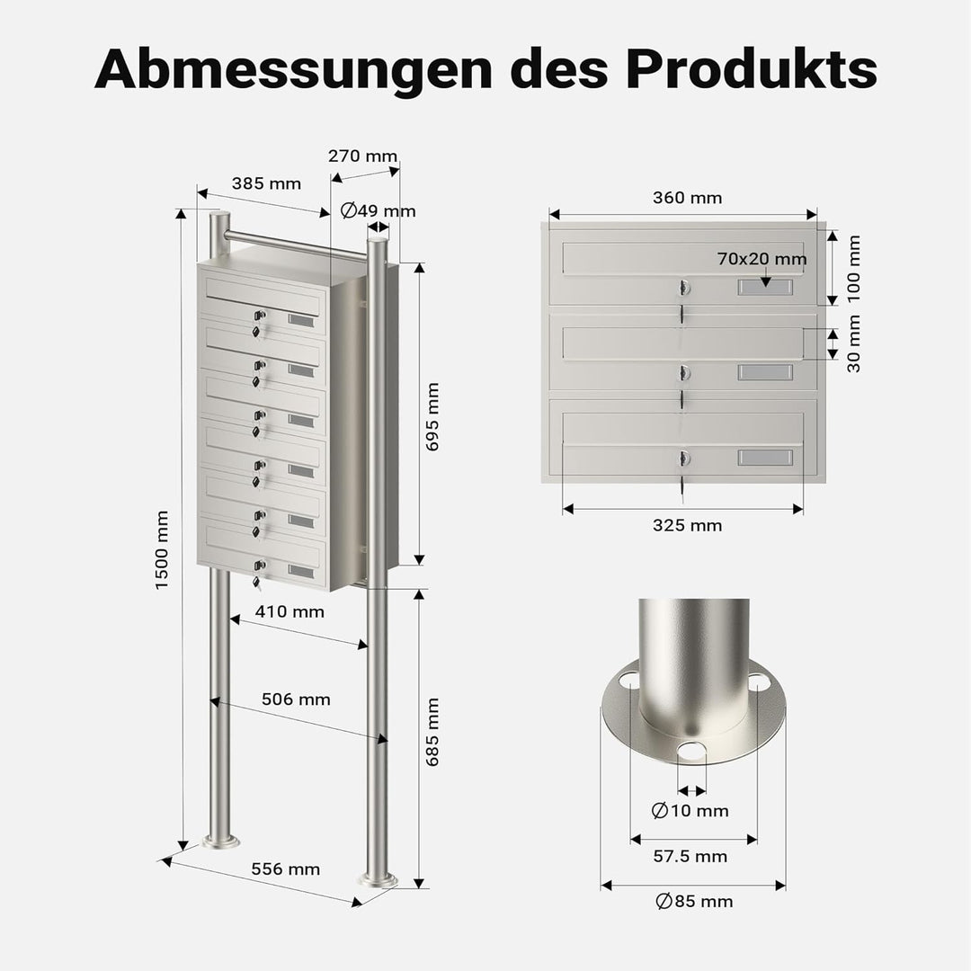 Wiltec 6er Briefkastenanlage Edelstahl 556 x 270 x 1500 mm, Standbriefkasten mit 6 Fächern, Schlüsse