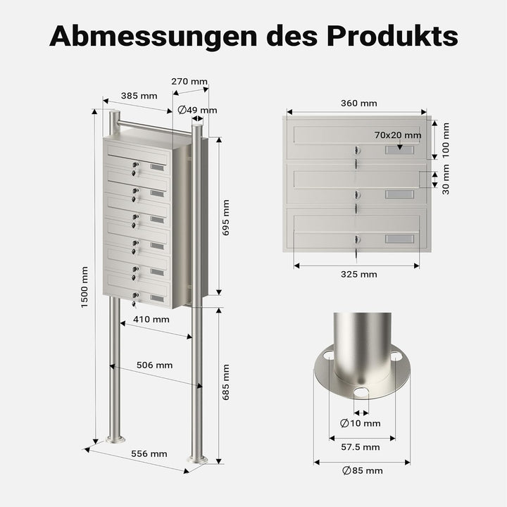 Wiltec 6er Briefkastenanlage Edelstahl 556 x 270 x 1500 mm, Standbriefkasten mit 6 Fächern, Schlüsse
