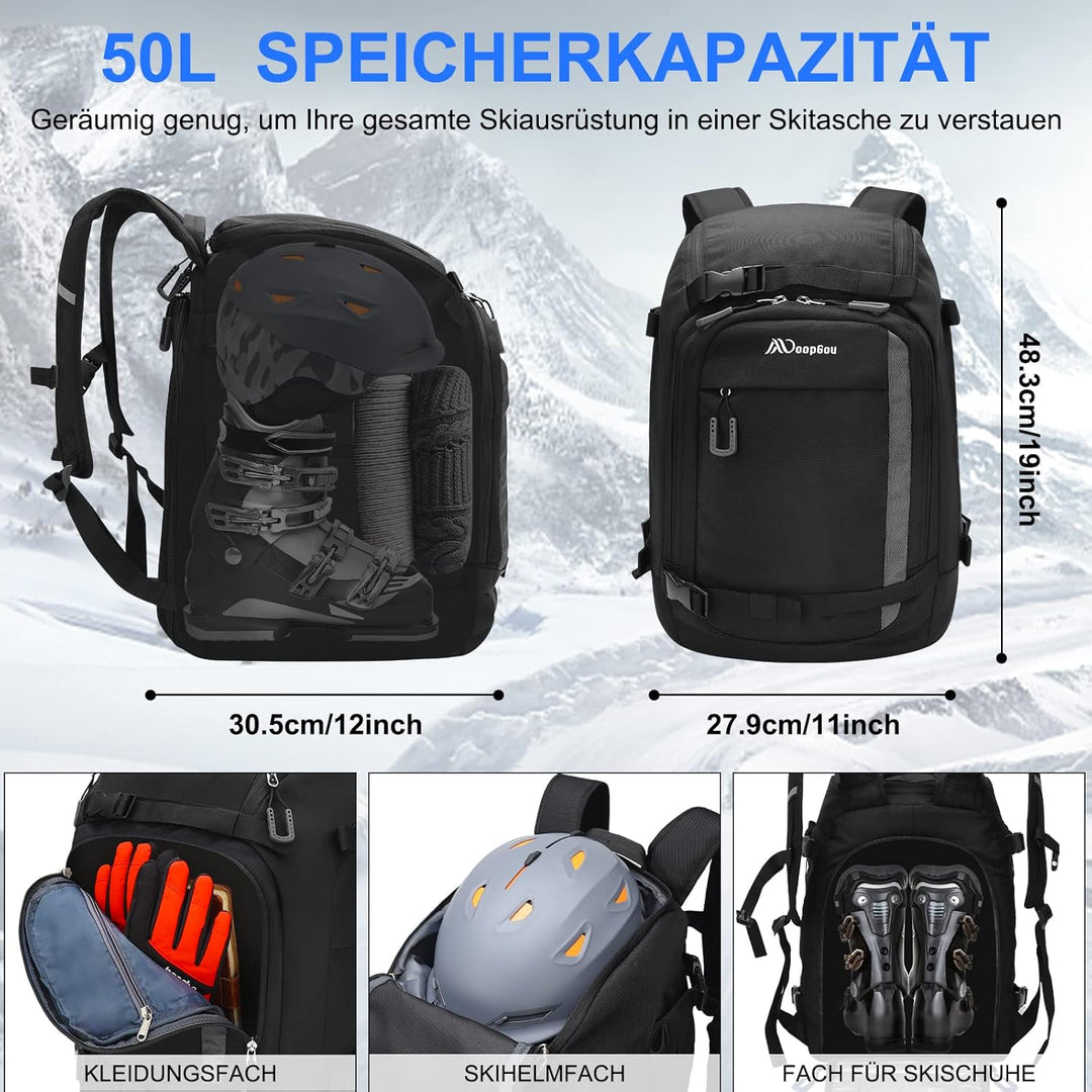 Skischuhtasche mit Helmfach 50L 1680D Nylon Skirucksack Skischuhrucksack mit Helmtasche Skitasche Si