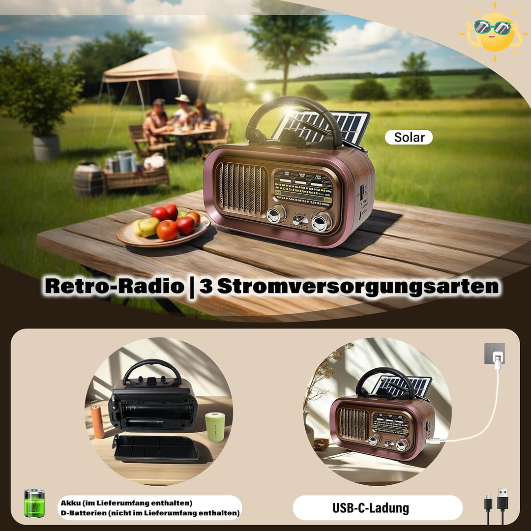 Retro Radio mit mit Solarzelle, AM/FM/SW Klein Radio Batteriebetrieben und Küchenausführung 1200mAh