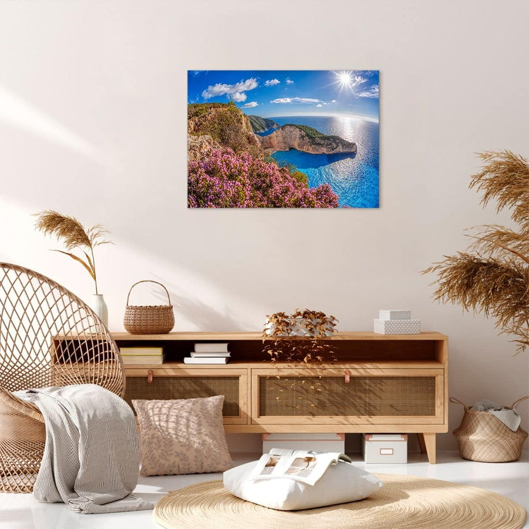 Bilder auf Leinwand Meer Sommer Blume Leinwandbild mit Rahmen 70x50cm Wandbilder Dekoration Wohnzimm