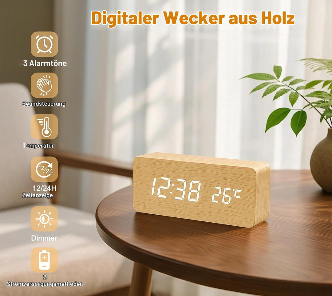 iTOMA Kleiner Holz-Wecker mit 3 Alarmen, manuellem Dimmer, 12-/24-Stunden-Format und weisser LED-Anz