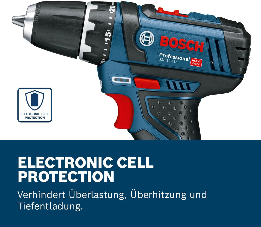 Bosch Professional 12V System Akku Bohrschrauber GSR 12V-15 (inkl. 39 tlg. Zubehörset, 2.0Ah Akku, 4