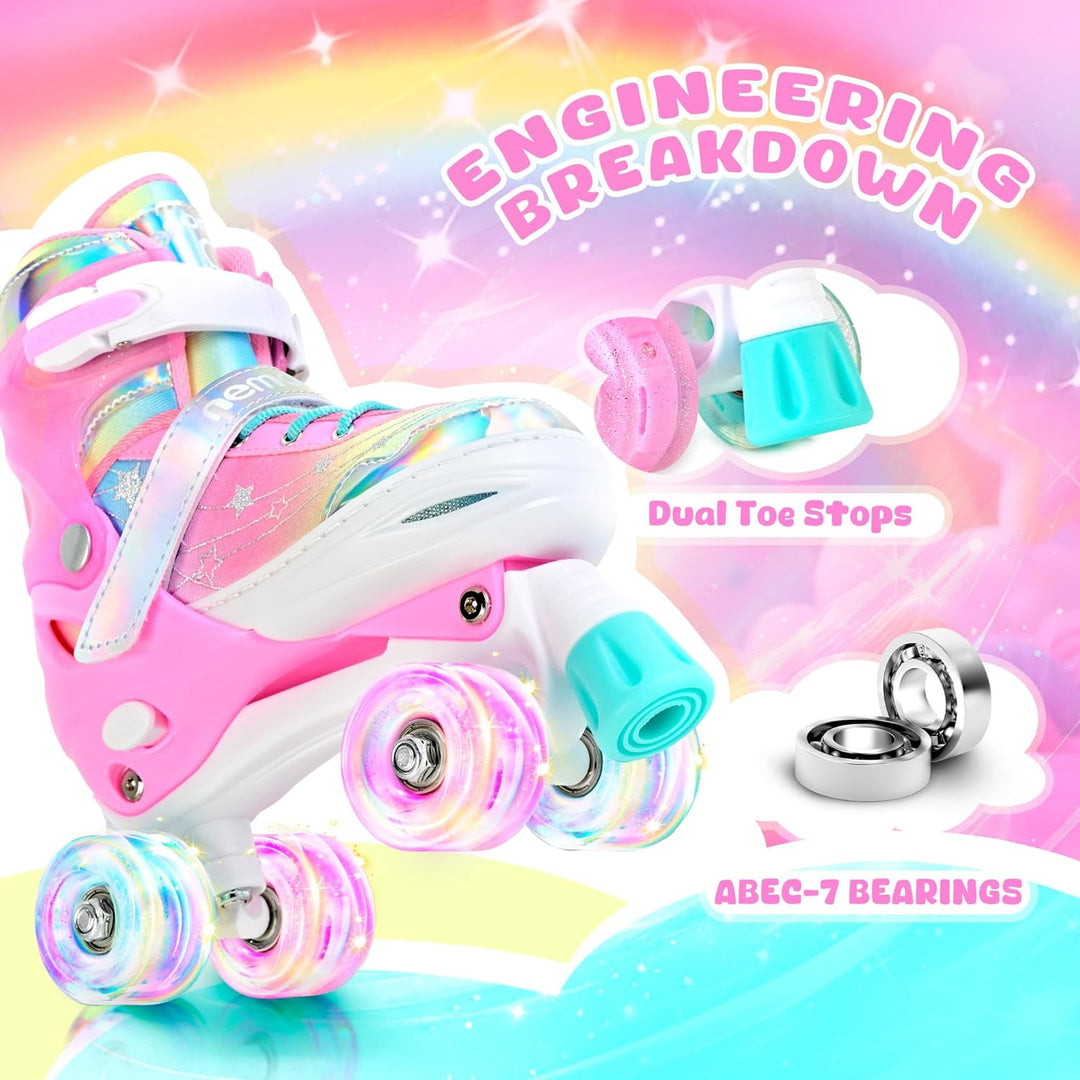 NEMONE Rollschuhe für Mädchen Kinder 4 Grössen Verstellbar Blau Violett Rollschuhe für Kinder Drinne