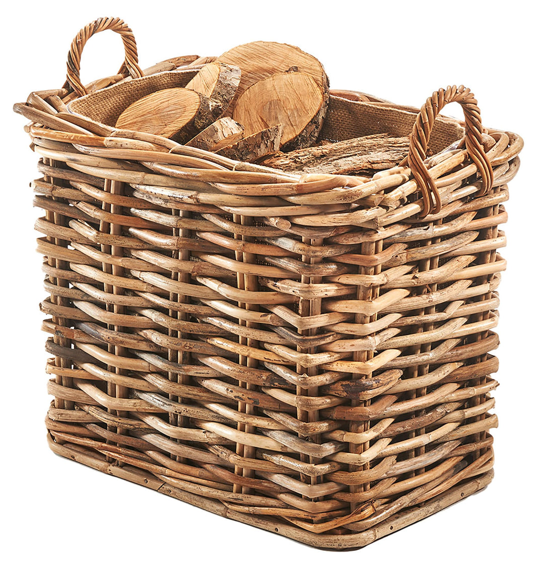 Kobolo Holzkorb aus Rattan mit Jutestoff, 63x42x59 cm, braun, robuster Kaminholzkorb mit Griffen & S
