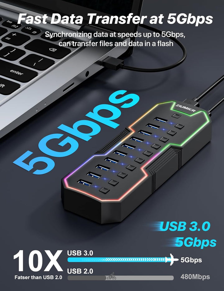 Powered USB Hub, 10 Ports USB 3.0 Hub mit RGB LED Strip und 12V/2A Power Adapter USB Erweiterung für