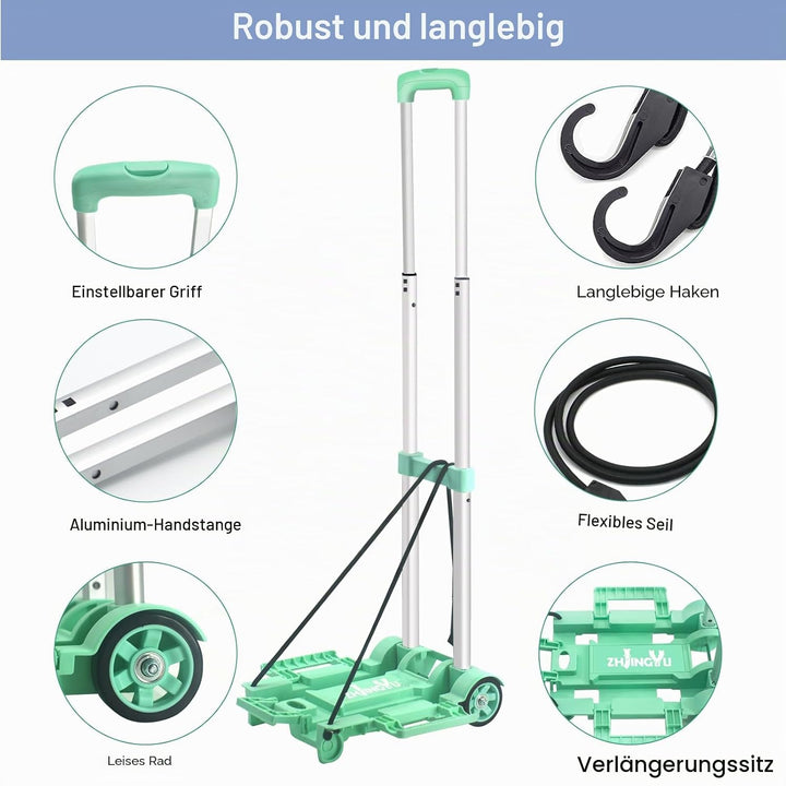 Aluminium Sackkarre Klappbar, 35kg Transportkarre mit Teleskopstange - 2 Expanderseilen inklusive -