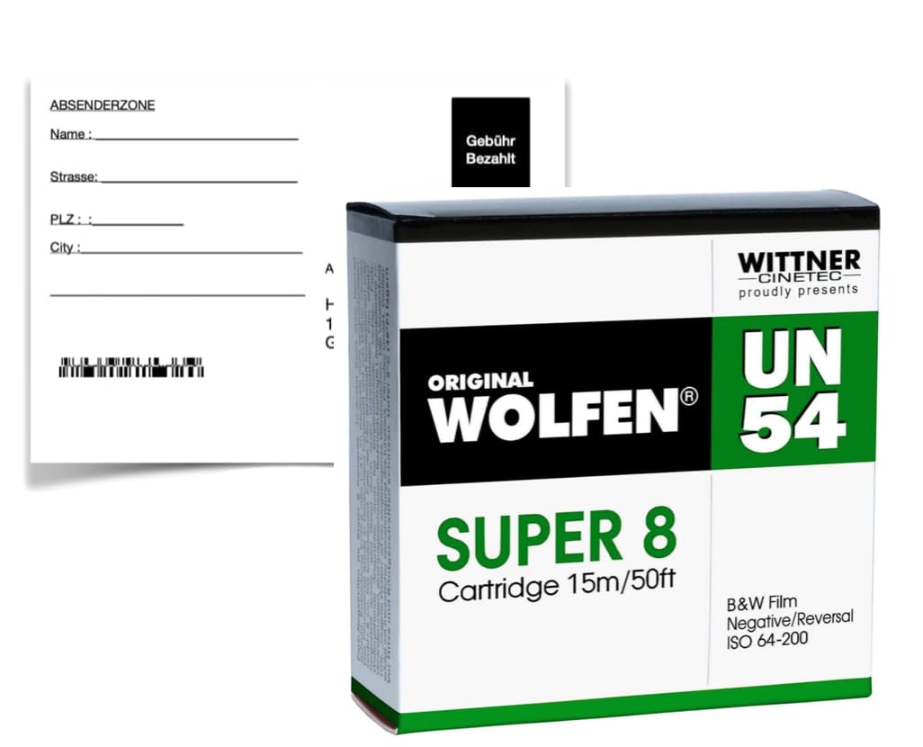 original WOLFEN B+W Negativ Film SUPER 8 ISO 64-200 mit Entwicklung + Scan Schwarz/Weiss mit Entwick