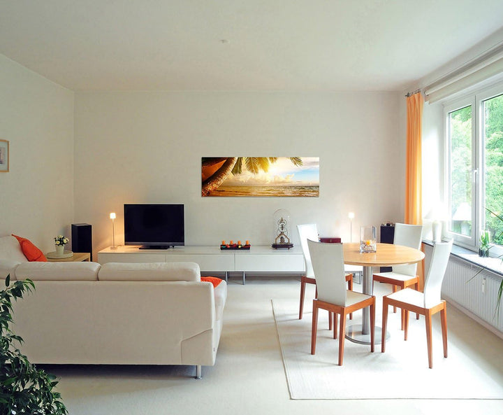 Paul Sinus Art Panoramabild auf Leinwand und Keilrahmen 150x50cm Karibik Strand Meer Palmen Sonnenau
