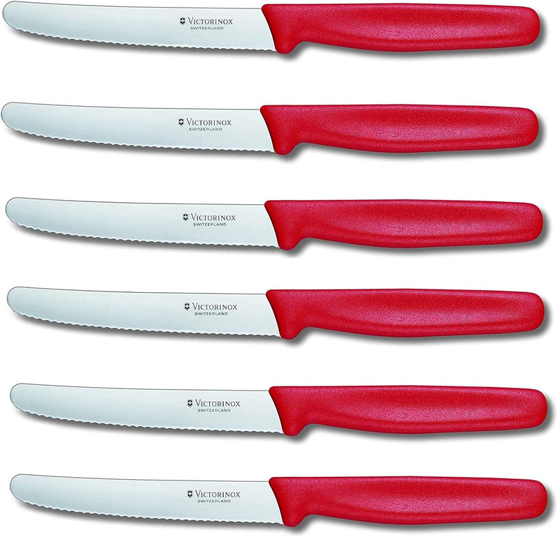 Victorinox 6 Stück Tafelmesser Set Standard mit Wellenschliff (Rot), Rot