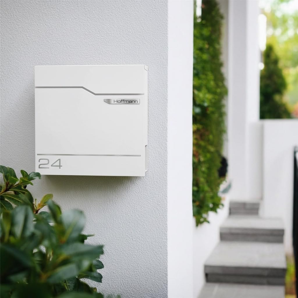 Metzler Exklusiver Briefkasten in Verkehrsweiss RAL 9016 Hoffmann - Wandbriefkasten in Weiss mit V2A