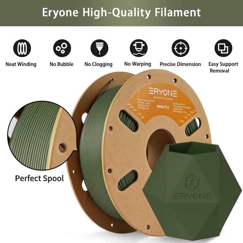 ERYONE 3D Drucker Matte Filament PLA 1 kg 1 Spool, 1.75mm +/-0.03mm, Matte Oliv grün Matte PLA-Oliv