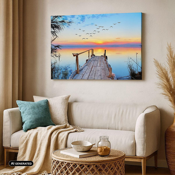 ARTTOR Bilder auf Leinwand 100x70cm Leinwandbild mit Rahmen Brücke See Gross Wanddeko Bild Schlafzim