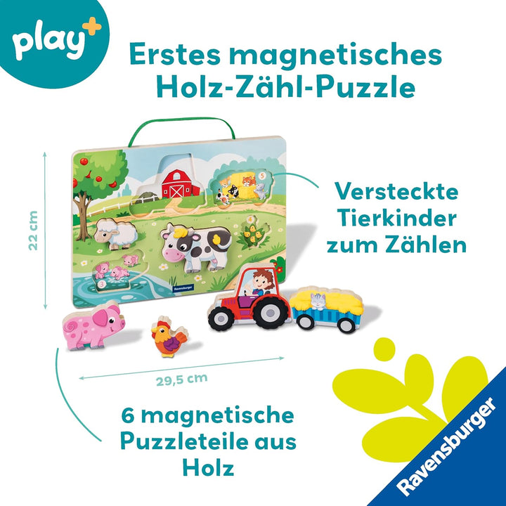 Ravensburger 12034123 Play+ Magnetisches Holz-Zähl-Puzzle: Bauernhof, Zählspiel und Balancierspiel f