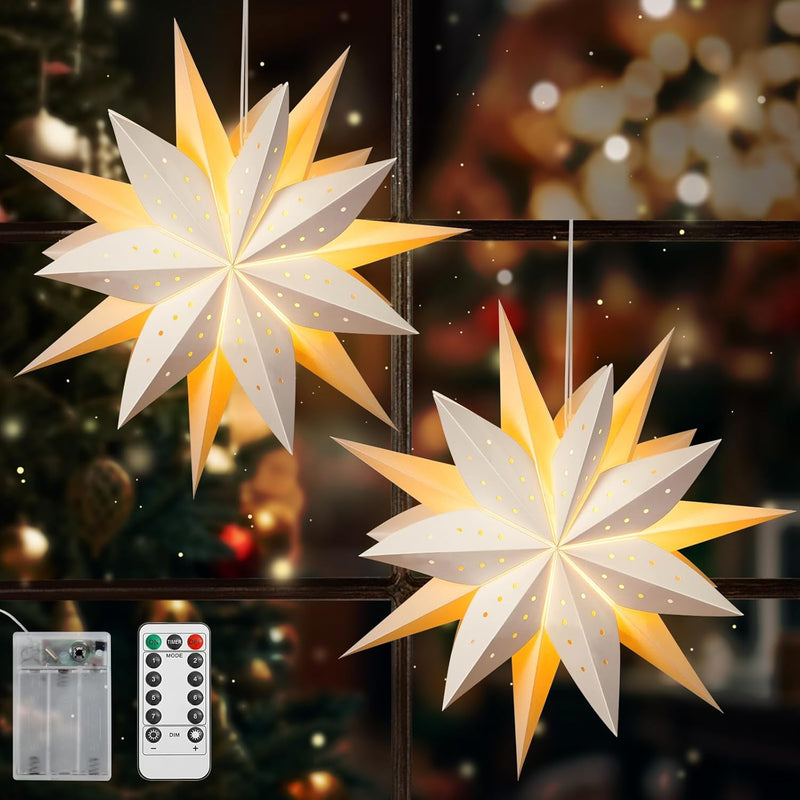 Lewondr Papier Stern Dekoration 2 Packungen, Weihnachten Papier Stern Laterne mit Fernbedienung, DRE