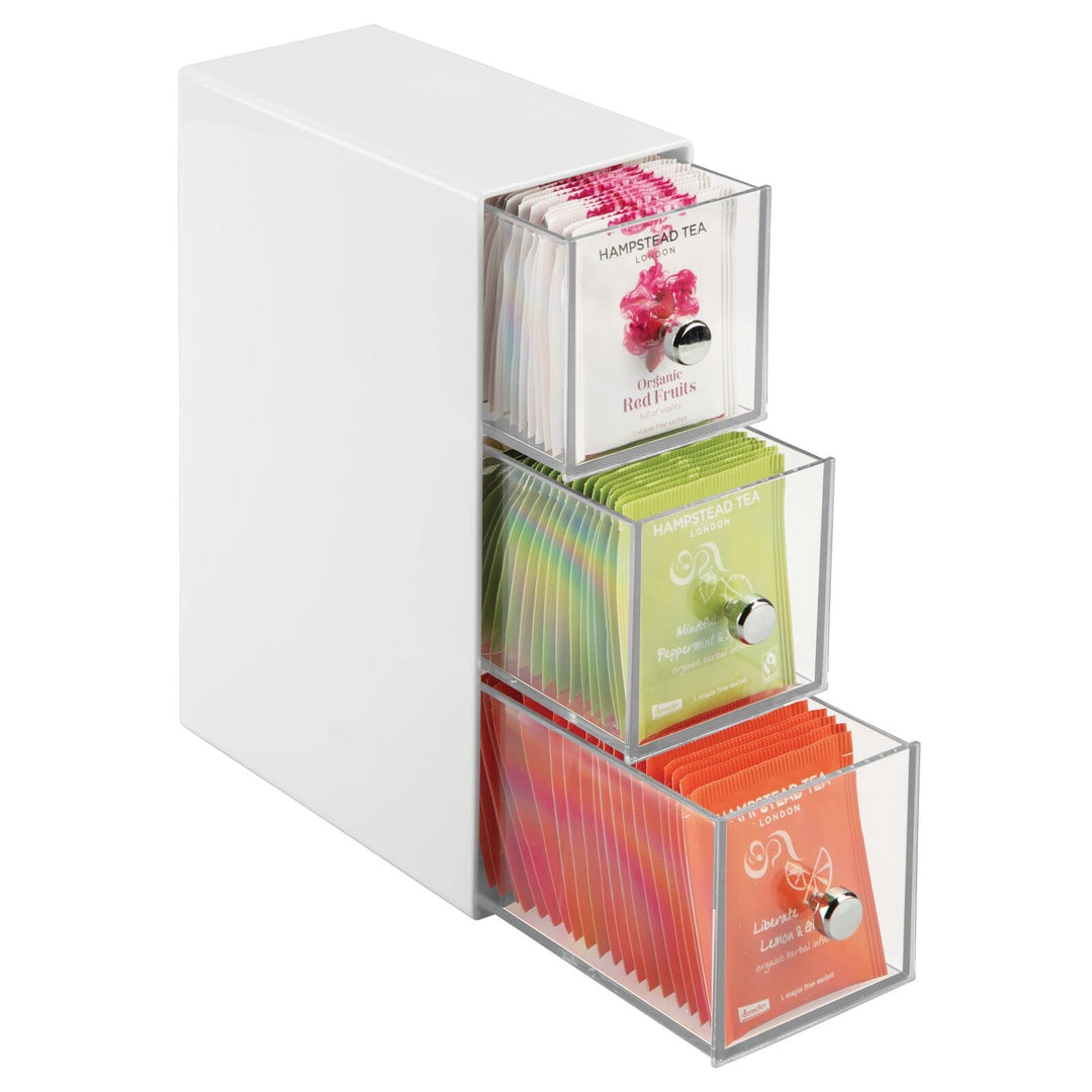 mDesign Küchen Organizer mit 3 Schubladen - Aufbewahrungsbox für Teebeutel, Kaffeepads, Süssungsmitt